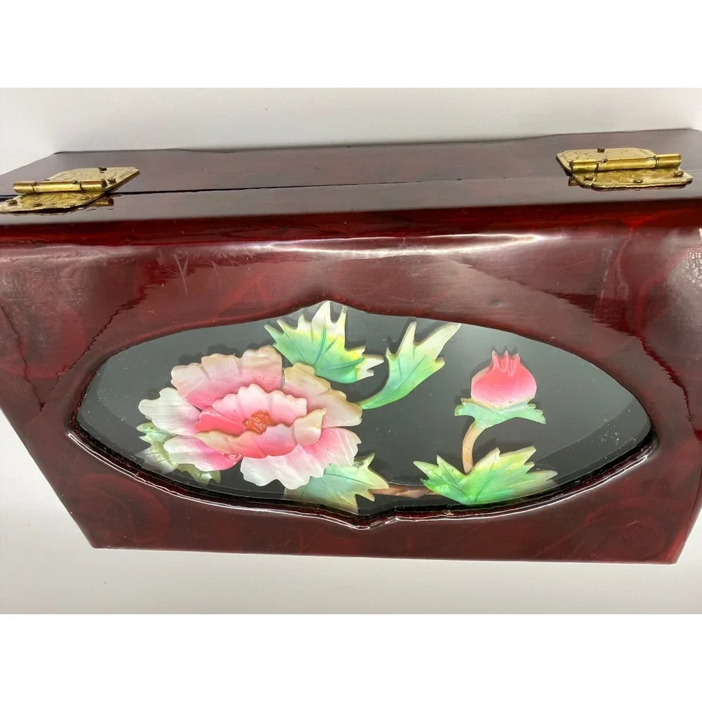 Vintage Chinese Lacquer Jewelry Box Floral Soapstone Inlay Burgundy Brass Latch